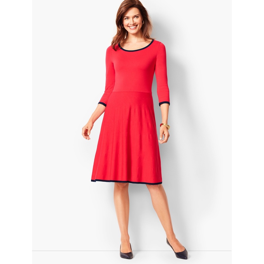 Talbots Red Navy Trim Fit Flare Sweater Dress 3/4 Sleeve Knit Midi M